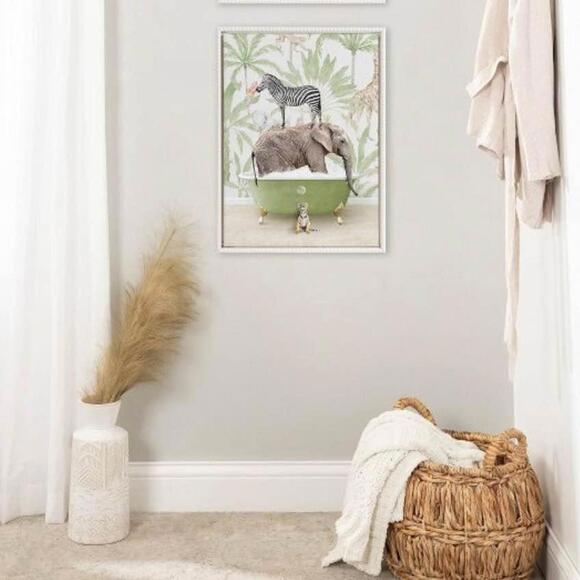 Kate and Laurel Sylvie Beaded Safari Animals in Bath Framed Canvas Wall Art - Picture 2 of 4